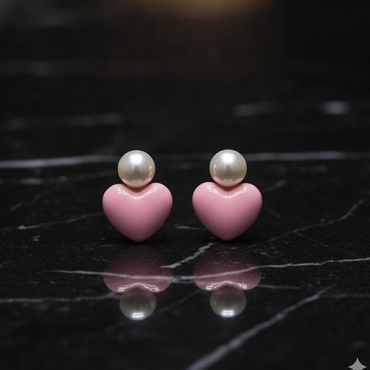 Pink Enamel Heart Pearl Studs