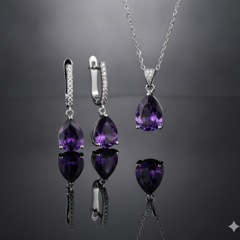 Purple Amethyst Pear Pendant Set