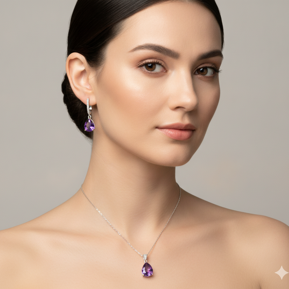 Purple Amethyst Pear Pendant Set