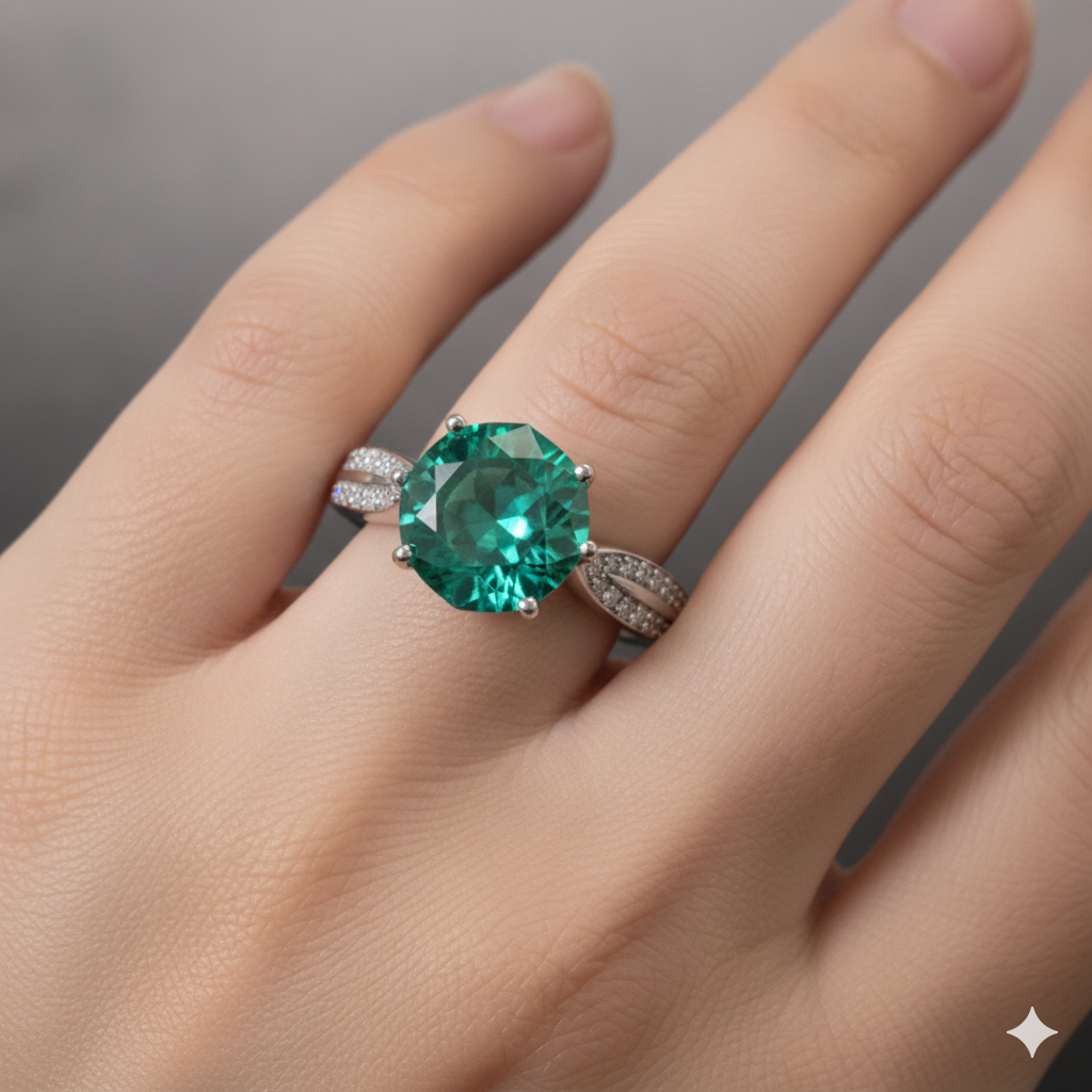 Round Mint-Emerald Solitaire Ring
