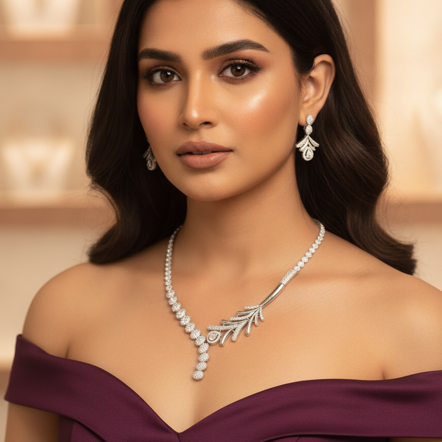 Asymmetrical Crystal Leaf Necklace Set