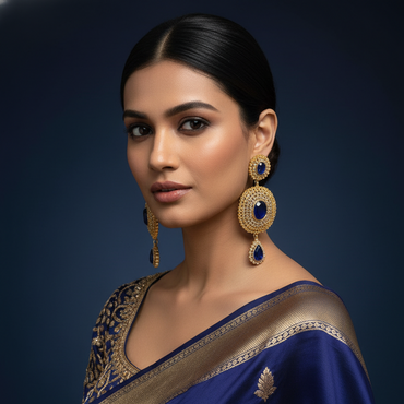 Woman wearing a blue saree with gold border and matching earrings against a dark background