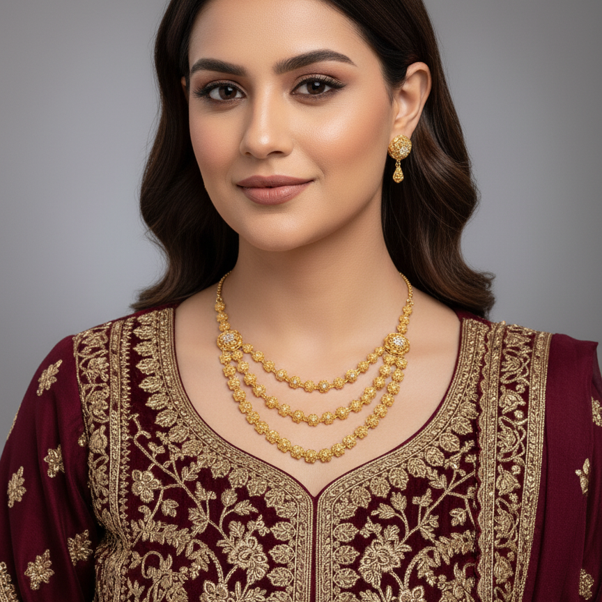 Woman wearing a maroon and gold embroidered traditional outfit with a necklace and earrings.