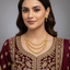 Woman wearing a maroon and gold embroidered traditional outfit with a necklace and earrings.