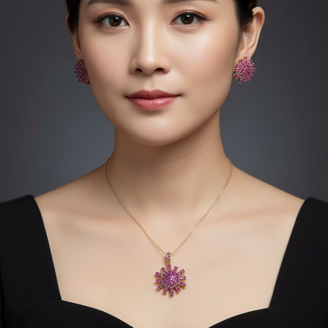 Woman wearing a necklace and earrings with a dark background