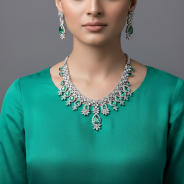 American Diamond Green Stone Bridal Necklace Set – Luxury Wedding Jewelry Pakistan
