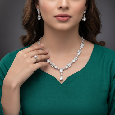 Woman wearing a diamond necklace, earrings, and ring on a dark background