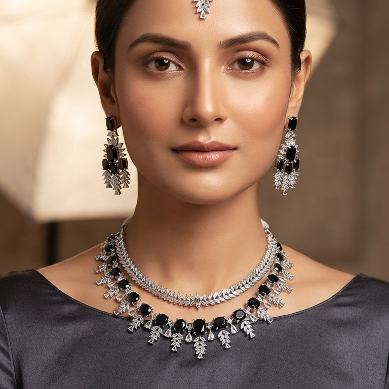 American Diamond Bridal Set - Leaf Motif Necklace with Black Stones, Earrings & Maang Tikka