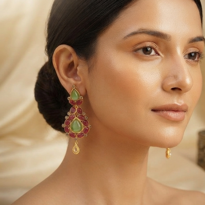 Gold Teardrop Earrings with Cat's Eye & Ruby-Red Stones