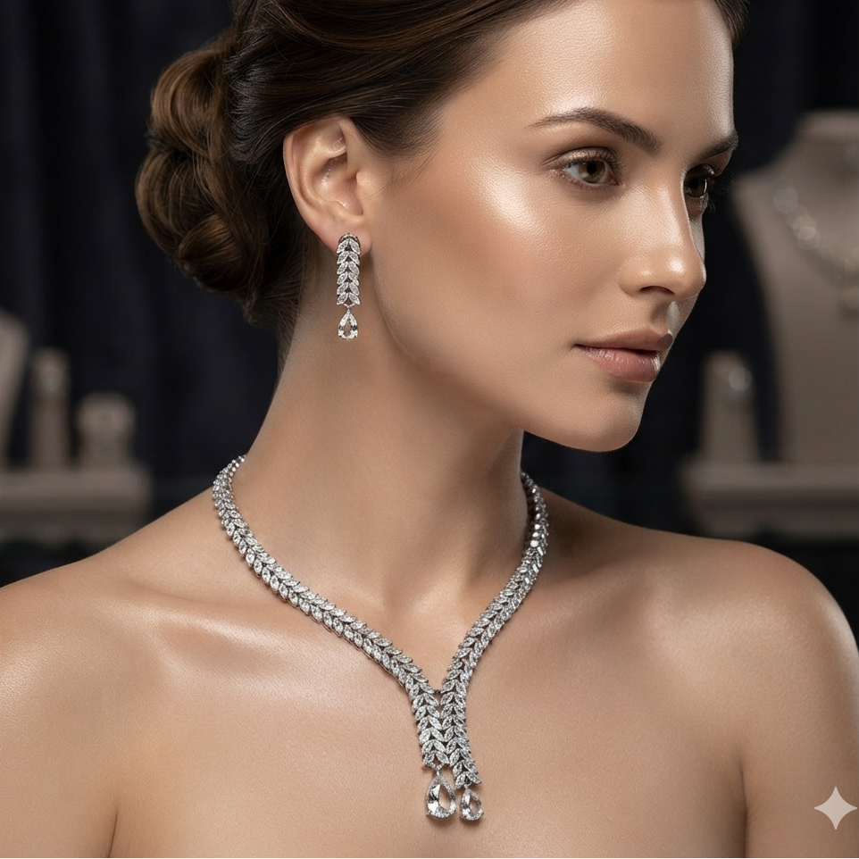 Marquise Leaf American Diamond Necklace & Earring Set
