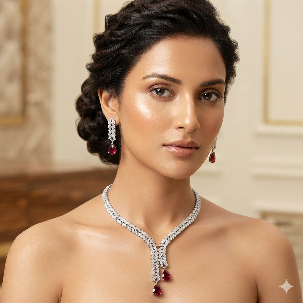 Marquise Leaf American Diamond Necklace & Earring Set