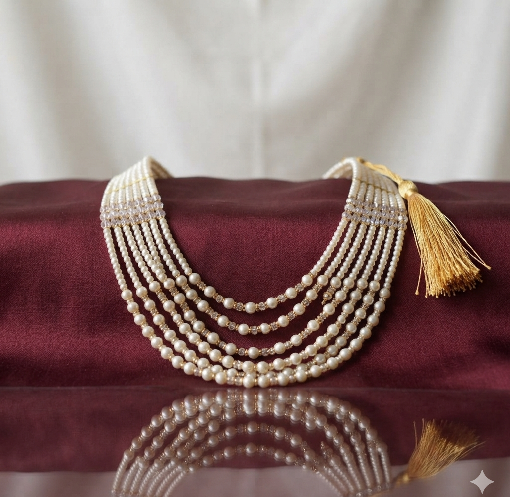 7-Layered Pearl Mala Necklace – Gold Tone