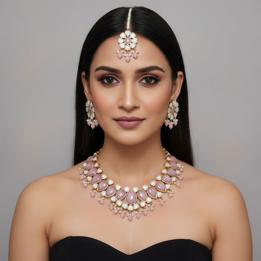 Pink Quartz Kundan Jewelry Set
