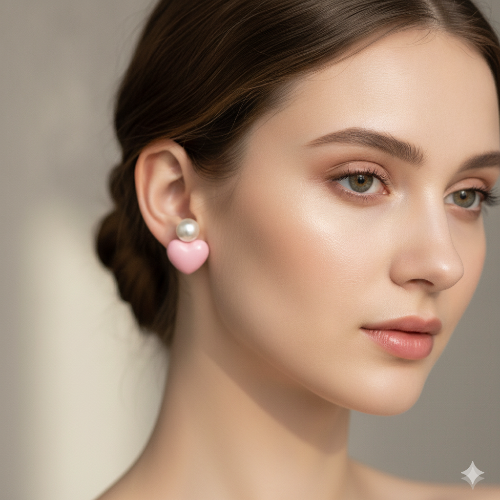 Pink Enamel Heart Pearl Studs