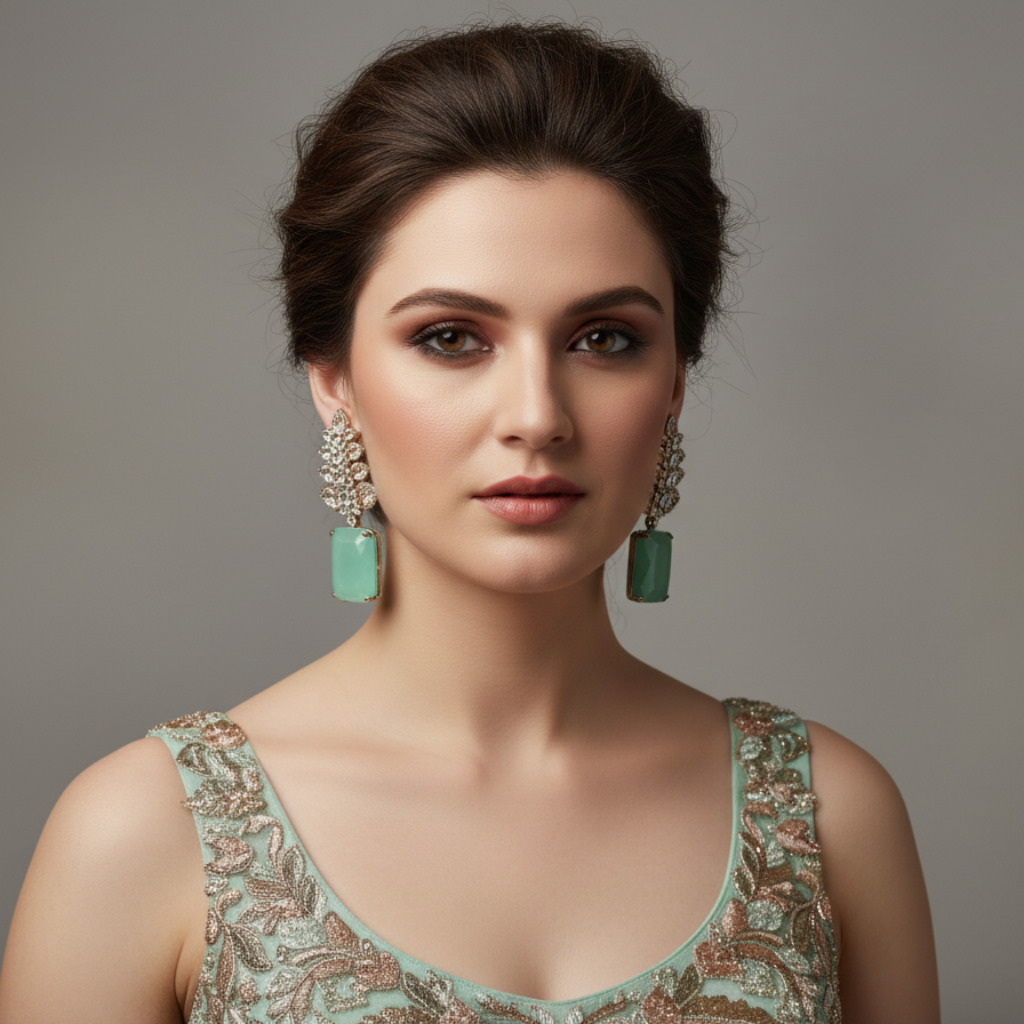 Green Gemstone & Crystal Leaf Dangle Earrings – Luxury Statement Jewelry