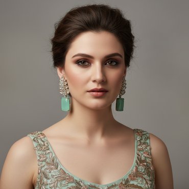 Green Gemstone & Crystal Leaf Dangle Earrings – Luxury Statement Jewelry