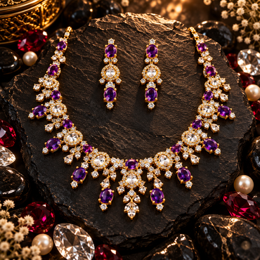 Gold-tone American Diamond necklace and matching drop earrings with purple oval accents, clear oval halos and teardrop detailing