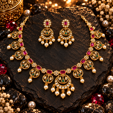 Gold-tone South Indian necklace and earrings set with red rectangular accents, green details and cream pearl-look drops