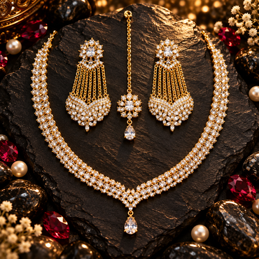 Gold-tone clear stone necklace set with chain-fringe statement earrings and a matching teardrop maang tikka