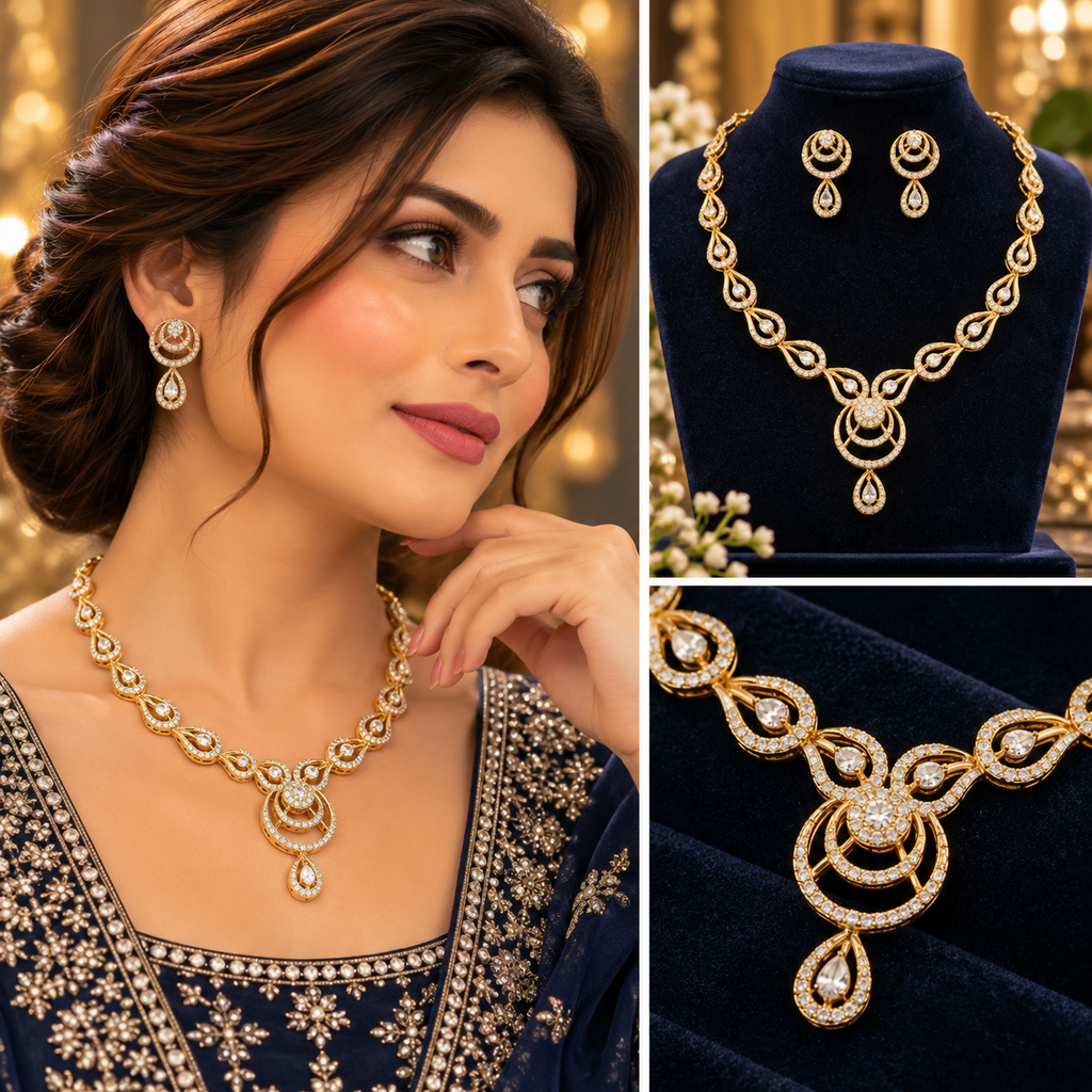 Gold-tone necklace with linked teardrop motifs, sparkling clear accents and pendant, shown with matching drop earrings