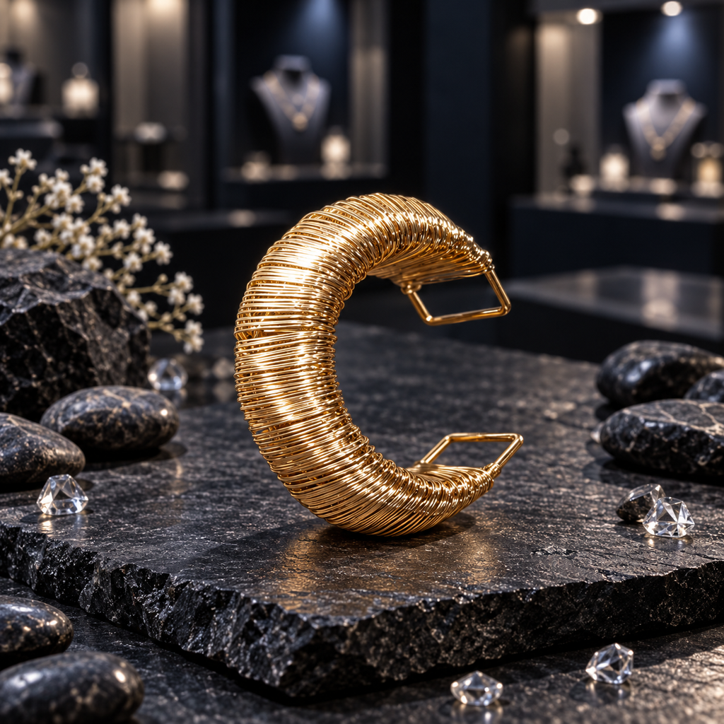 Side view of a gold-tone wide cuff with densely wrapped fine strands, an open back and rectangular end frames.