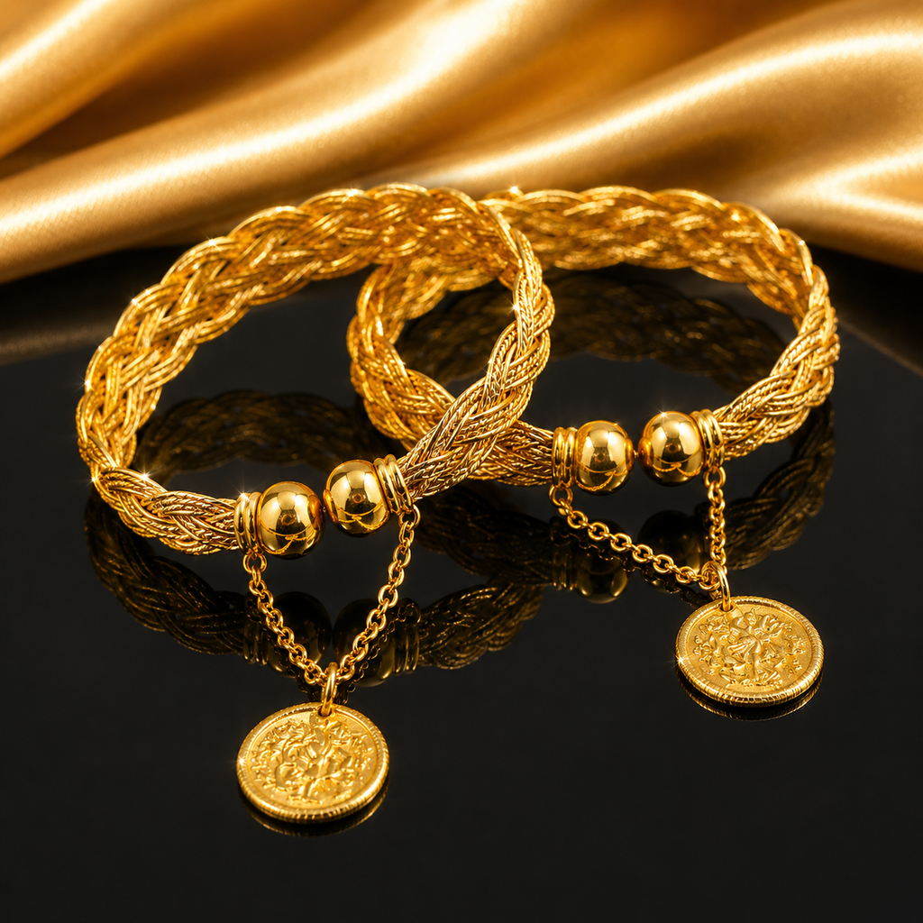 Gold braided coin charm bangle set pair traditional fashion bangles for women in gold-tone finish