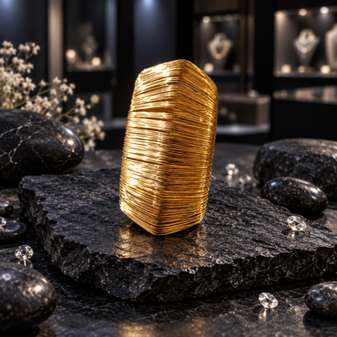 Gold-tone wide wire-wrap cuff displayed upright, showing its dense linear texture and curved profile.