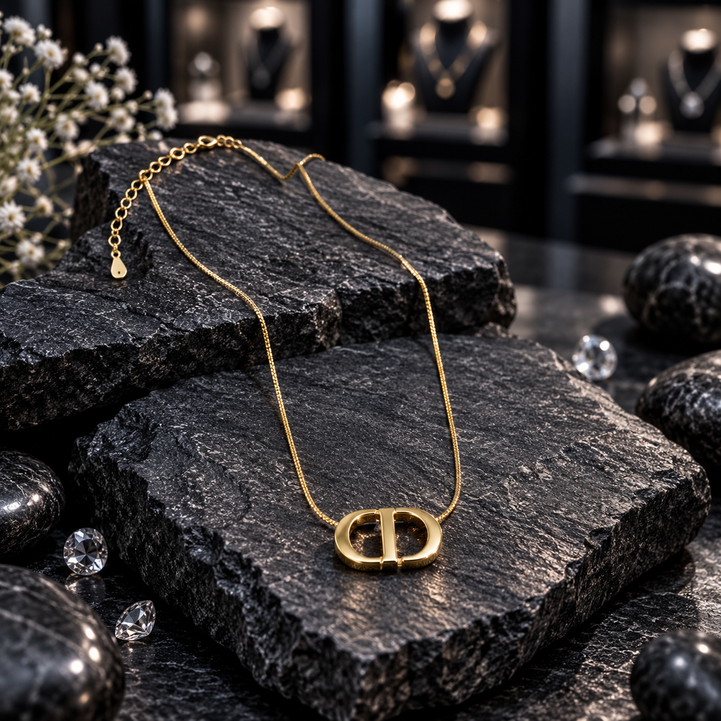 Gold-tone openwork monogram-style pendant with a central vertical detail on a fine chain with an extension chain.