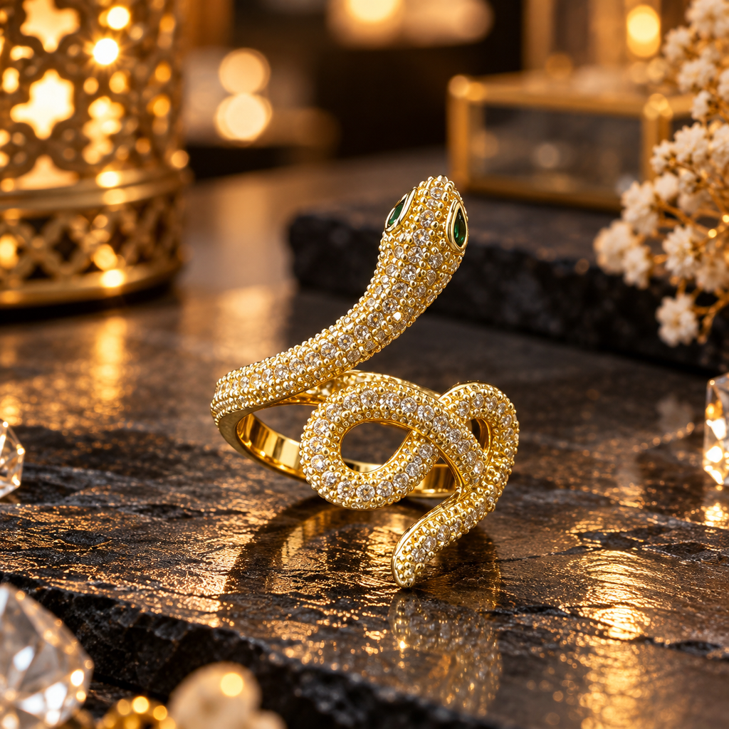Gold-tone serpent ring with a raised snake head, green eye accents, a clear-accent looping body and a tapered curved tail.