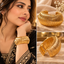 Styling collage showing a gold-tone wide wire-wrap cuff worn on a wrist, alongside front and open-back detail views.