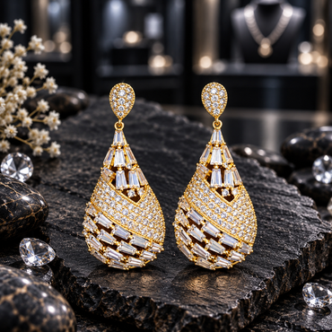 Pair of gold-tone teardrop earrings with clear-accent teardrop tops, tapered rectangular details and a diagonal curved band of small round accents.
