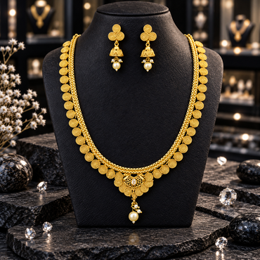 Gold-tone necklace with spiral-pattern discs, an openwork centre and pearl-look drop, paired with three-disc jhumka-style earrings on a dark bust.