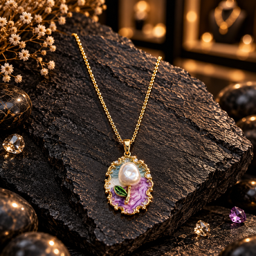 Gold-tone chain necklace with a white pearl-look flower bud, green leaf, purple and pale blue oval background, and ornate curled border with clear accents.