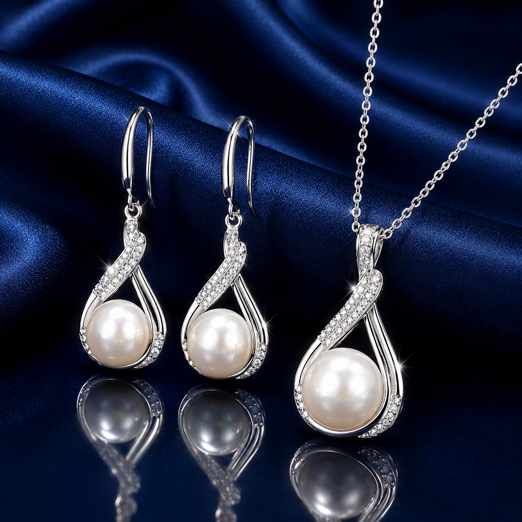 Pearl CZ infinity twist pendant necklace and lever-back drop earrings set in silver-tone finish with round cream pearl centerpiece and white CZ pave frame