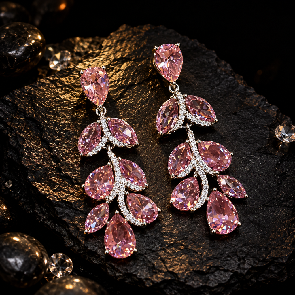 Pink CZ leaf cascade drop earrings with teardrop and marquise-shaped stones, clear sparkling accents and a silver-tone setting
