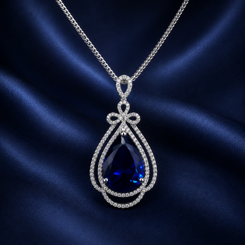 Royal blue sapphire CZ pear-cut teardrop bow pendant necklace in silver-tone with double white CZ halo frame on fine wheat chain displayed on navy satin fabric