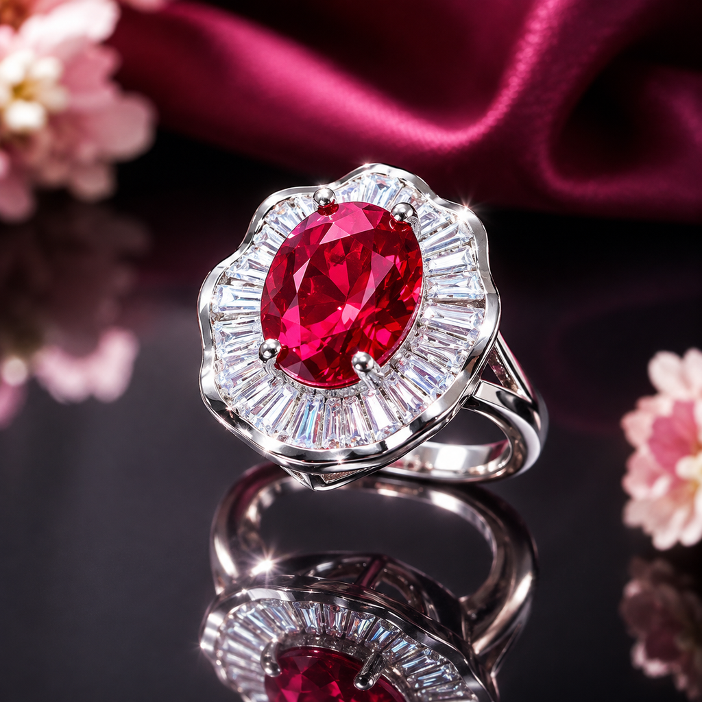 Ruby red CZ oval baguette halo statement ring in silver-tone finish with large red cubic zirconia center stone and white baguette CZ surround