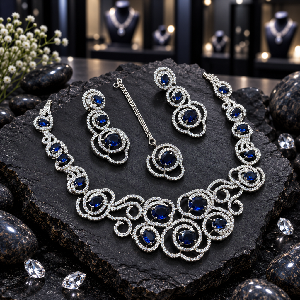 Royal blue oval and clear-accent jewellery set with a silver-tone swirl necklace, two drop earrings and matching chain maang tikka on dark slate.