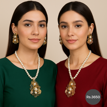 Floral Pearl Pendant Necklace Set – Rs. 3,650