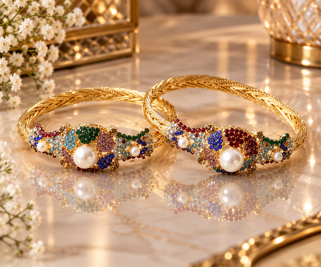 Set of two gold-tone multicolour CZ and pearl traditional bridal bangles with braided herringbone gold band featuring ruby red royal blue emerald green pink aqua and champagne CZ stone clusters with large cream pearl centrepiece displayed on marble surface with white flowers and gold decor