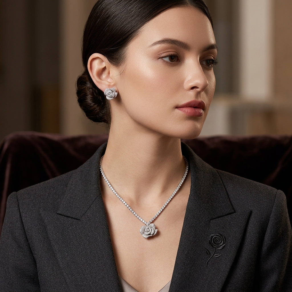 Silver-Tone CZ Rose Flower Tennis Necklace and Earrings Set worn by model