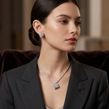Silver-Tone CZ Rose Flower Tennis Necklace and Earrings Set worn by model