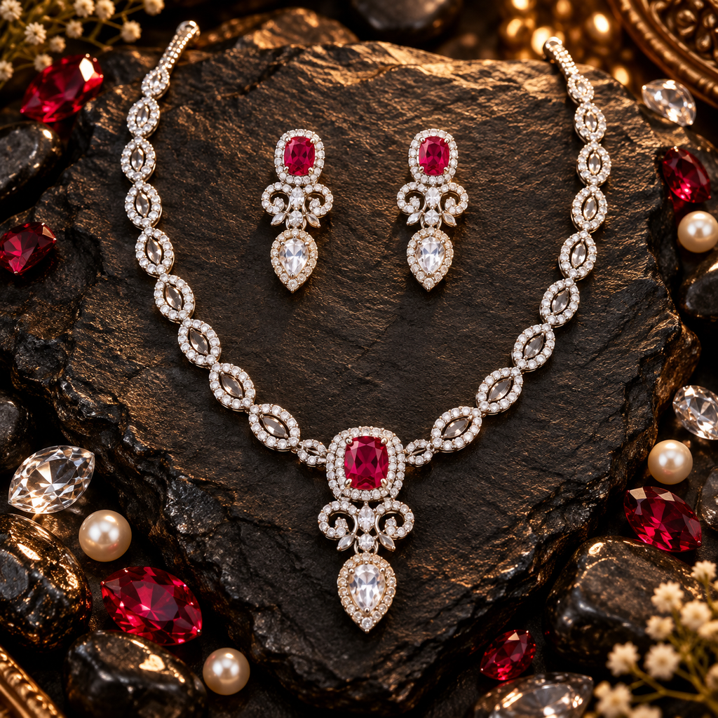 Silver-tone American Diamond necklace and matching earrings with ruby-red rectangular accents, clear marquise links and teardrop drops