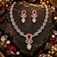 Ruby Red American Diamond Halo Necklace & Earrings Set Silver-Tone