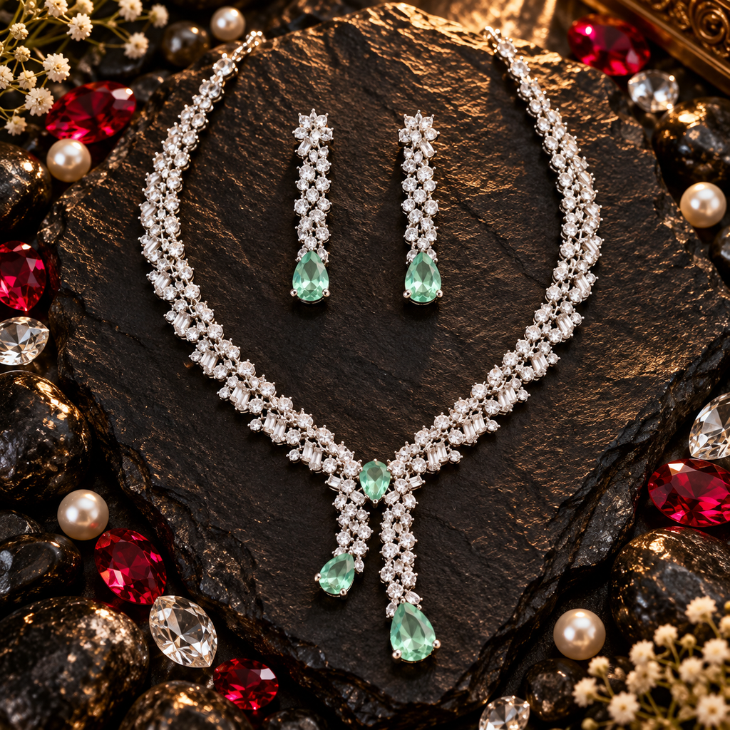 Silver-tone American Diamond necklace with cascading mint-green teardrops and matching long earrings with clear sparkling stone detailing