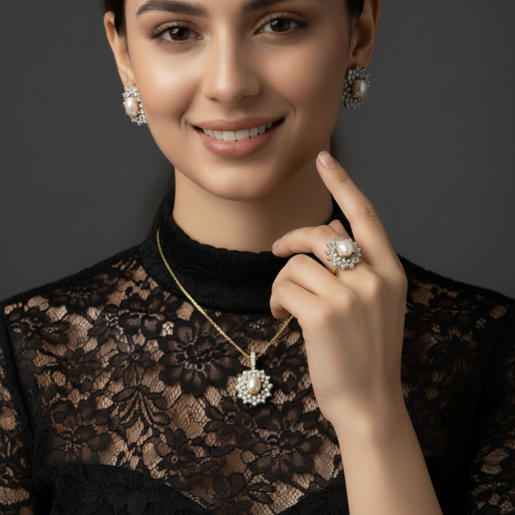 Handcrafted Gold-Plated Floral Locket Set with Earrings