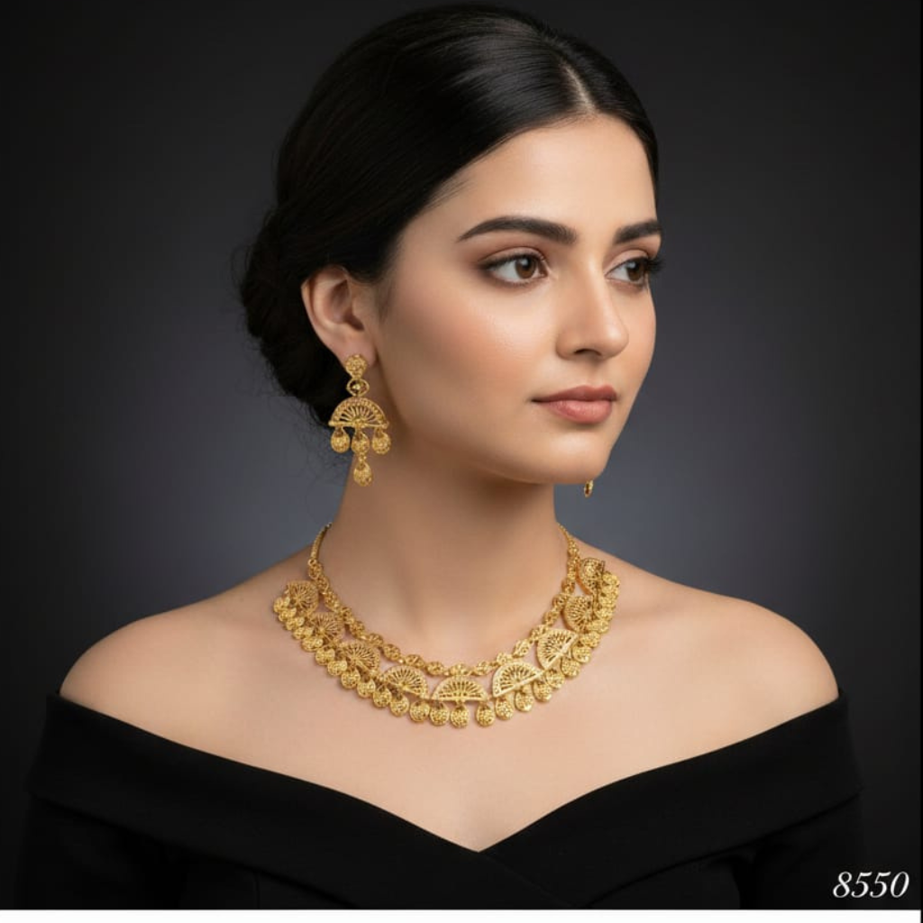 Classic Gold Filigree Fan & Droplet Necklace Set – Rs. 8,550 | destiny.pk