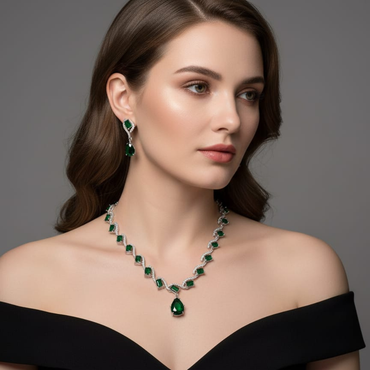 Elegant Emerald Green & Zirconia Necklace Set | Pear Drop Pendant with Matching Earrings