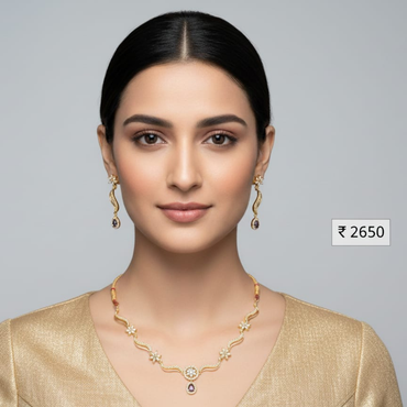 Floral Gold Tone Necklace Earring Set | Sapphire Blue Accents | Fine Fashion Jewelry*