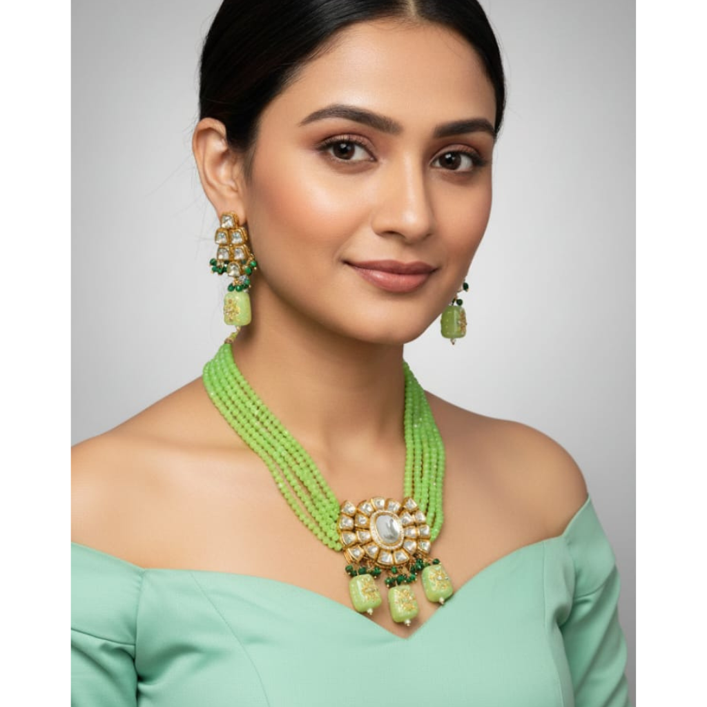 Lime Green Beaded Kundan & Emerald Choker Set | Traditional Indian Necklace & Earrings | Festive & Bridal Jewelry